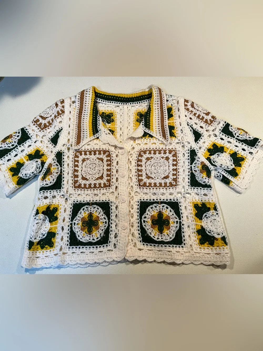 Women's Hand-Crocheted Square Motif Button-Up Top Sz L in White, Green & Brown - Picture 1 of 2